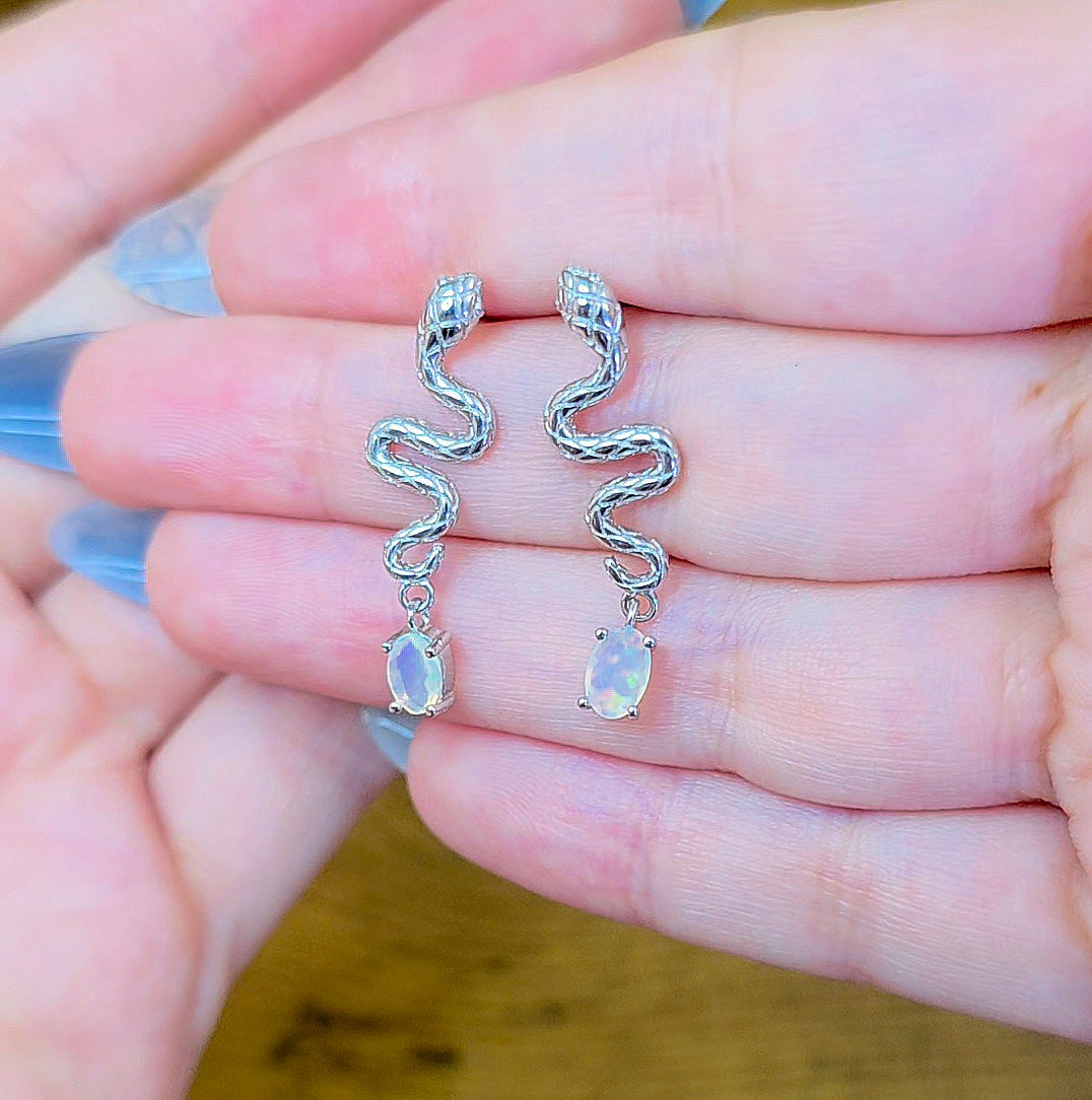 White Opal Snake Earrings