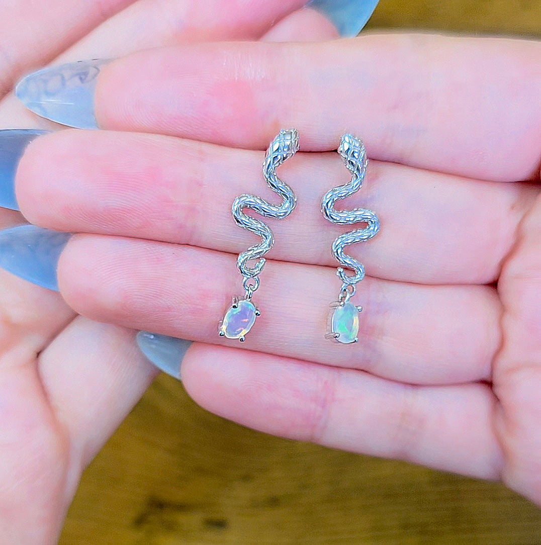 White Opal Snake Earrings
