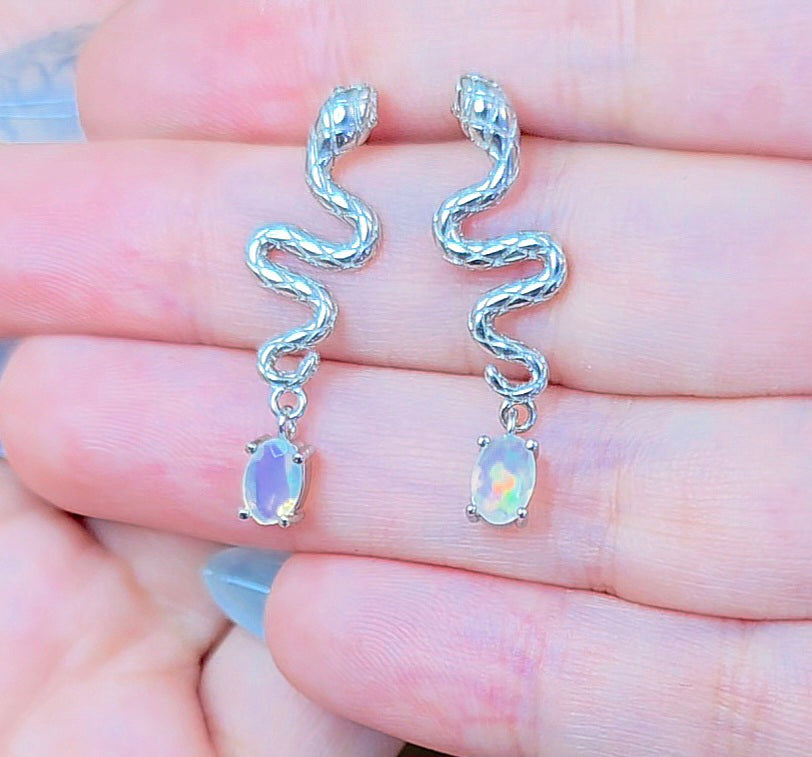 White Opal Snake Earrings