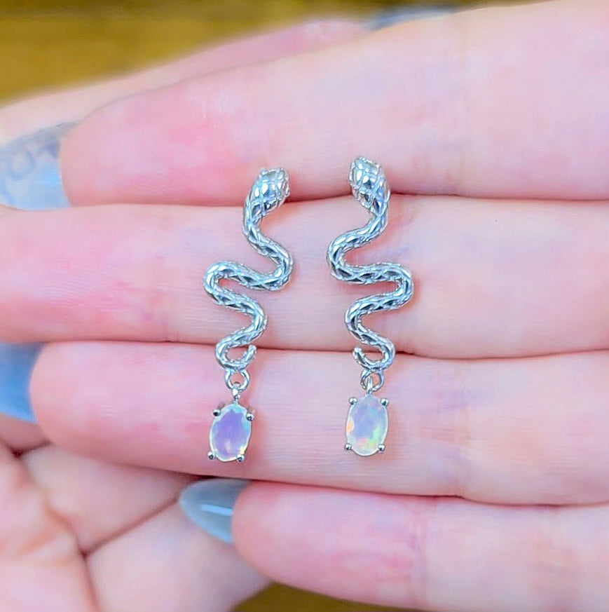 White Opal Snake Earrings