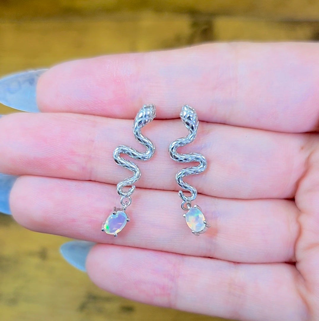 White Opal Snake Earrings