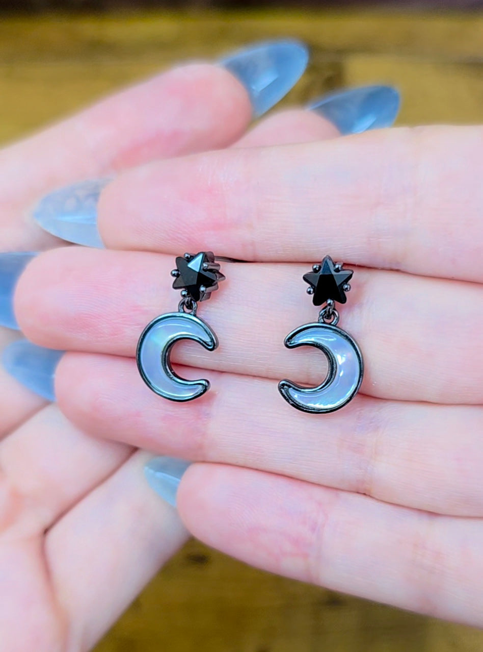 White Shell Moon and Black Spinel Star Earrings
