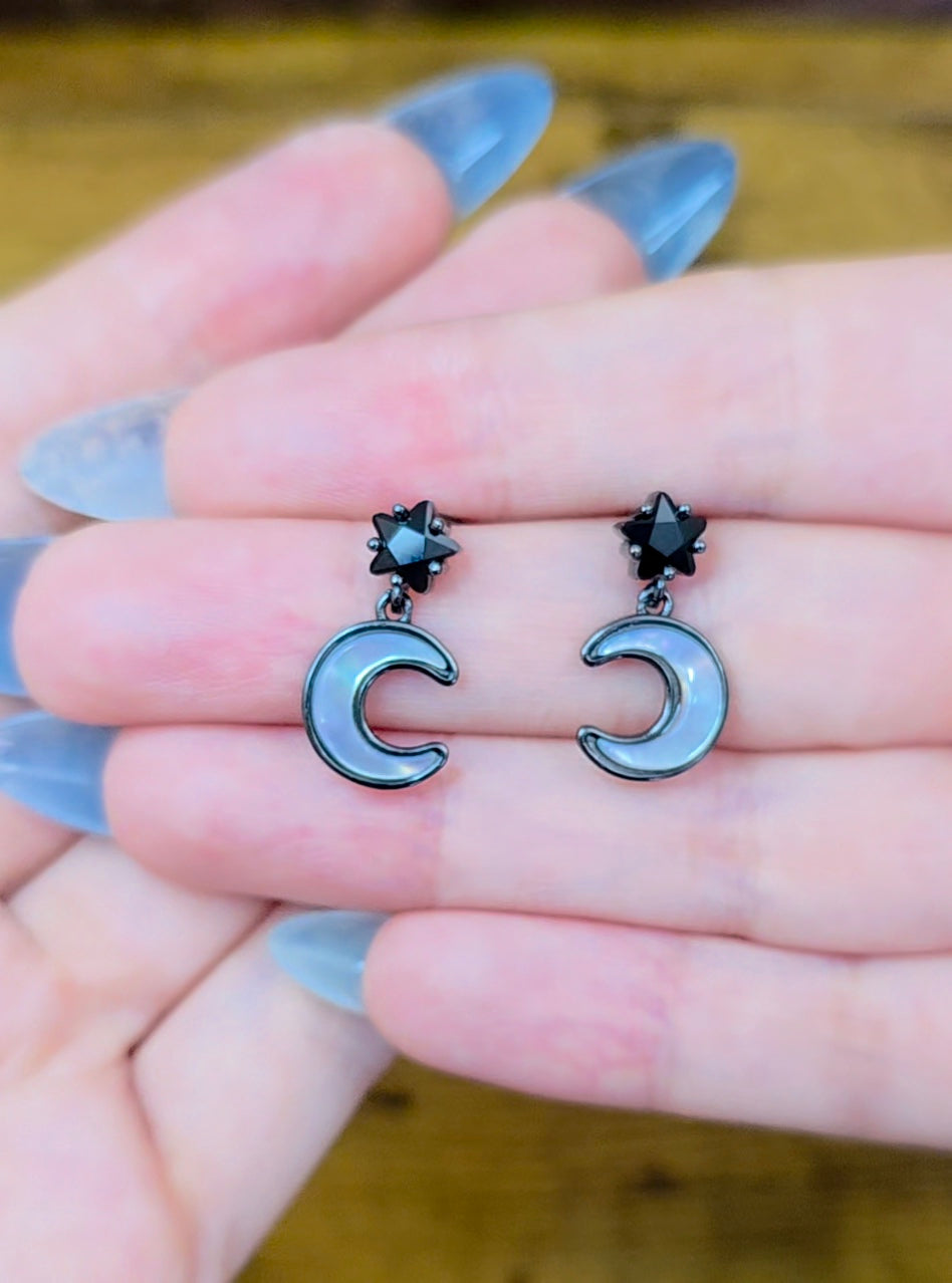 White Shell Moon and Black Spinel Star Earrings