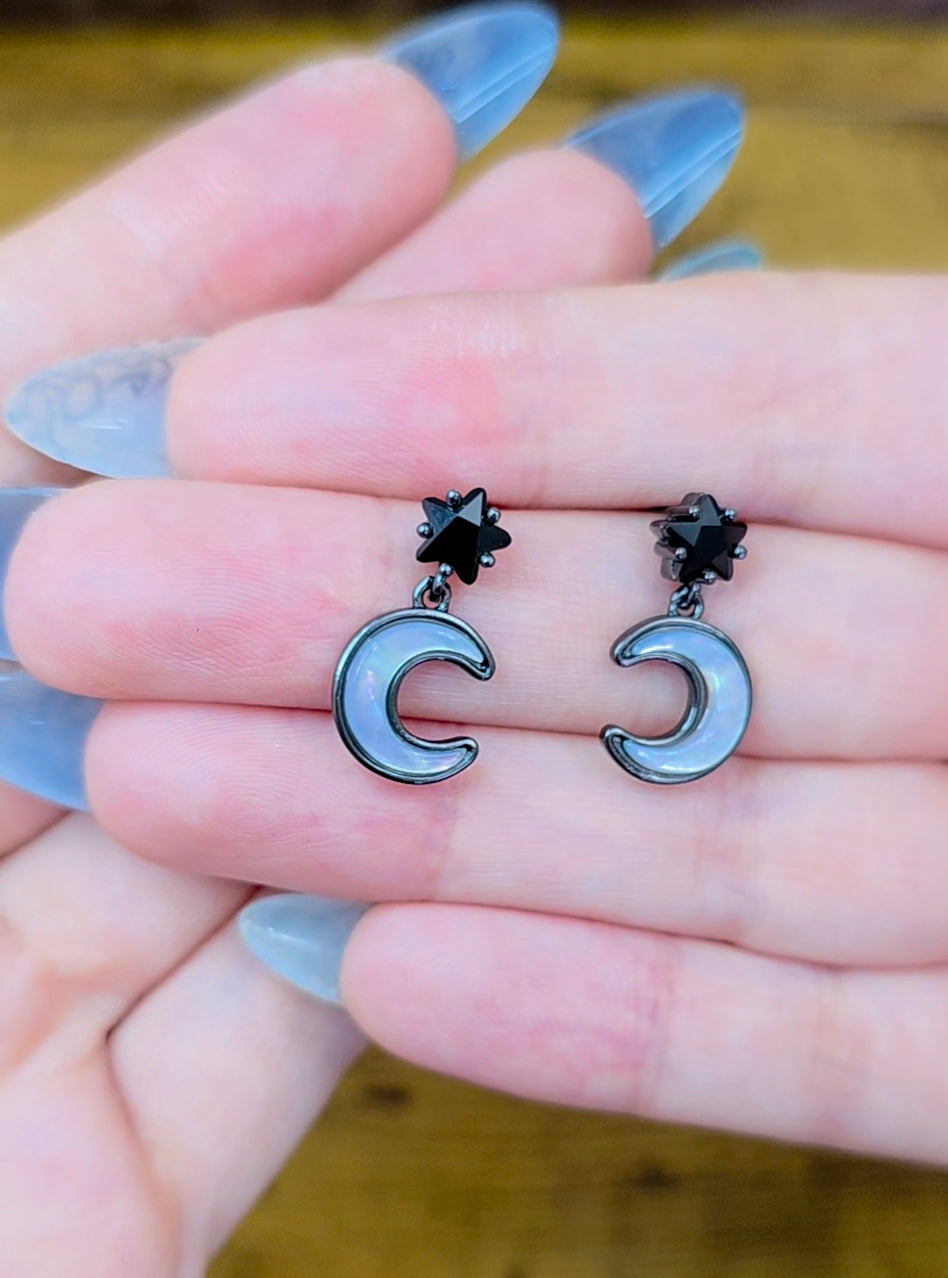 White Shell Moon and Black Spinel Star Earrings