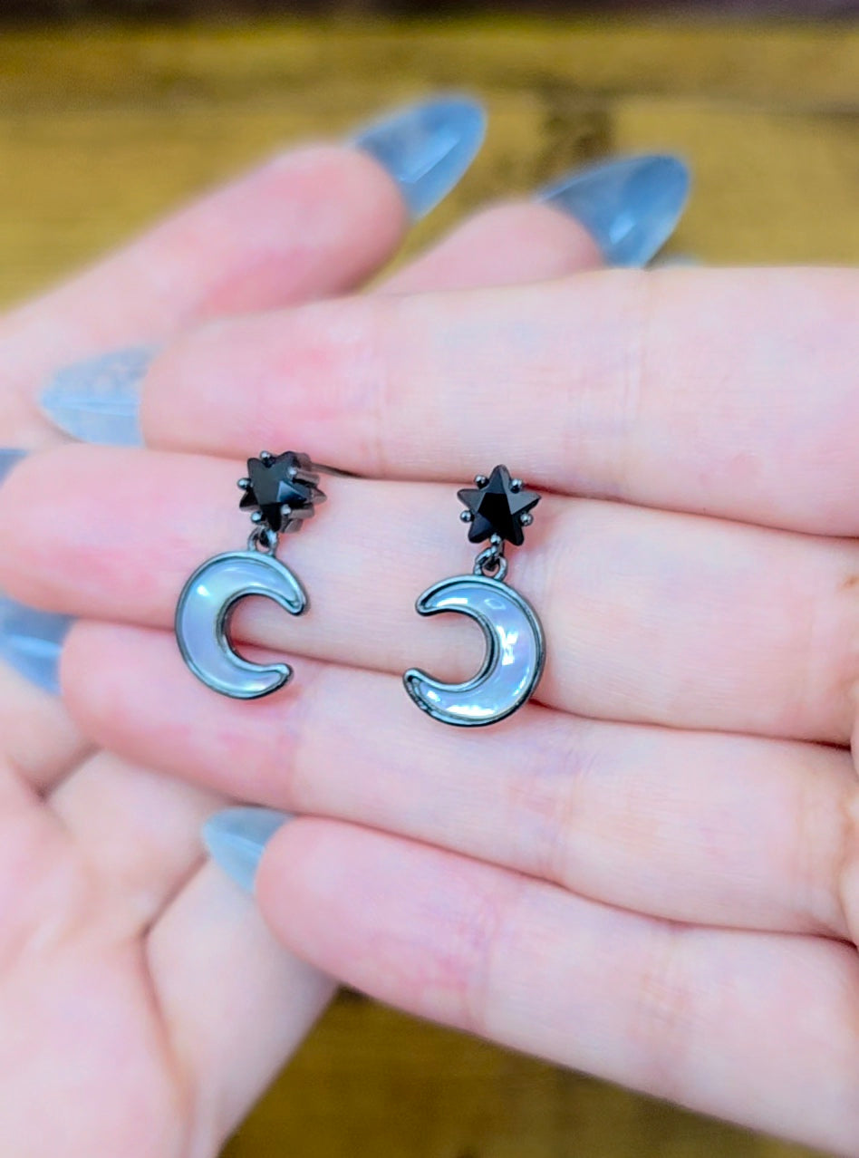 White Shell Moon and Black Spinel Star Earrings