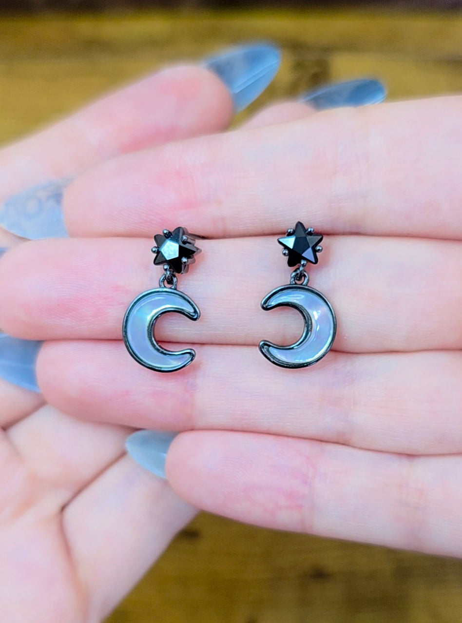 White Shell Moon and Black Spinel Star Earrings