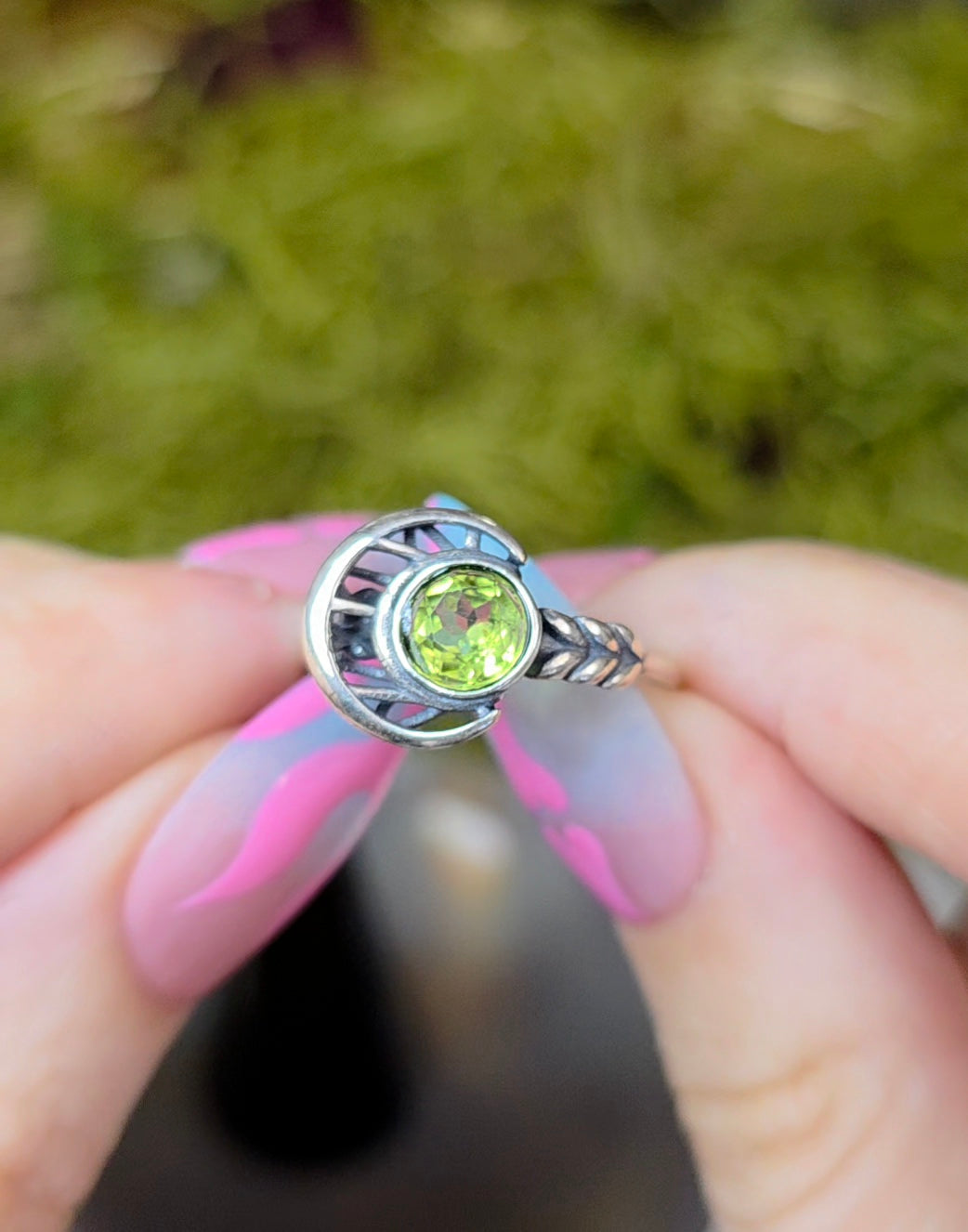 Silver Moon and Peridot Ring B