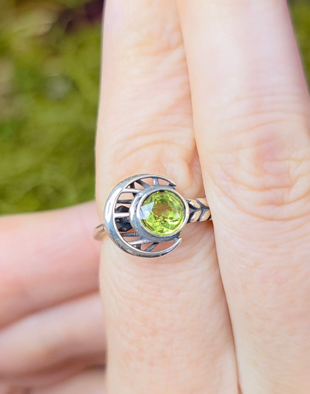 Silver Moon and Peridot Ring B