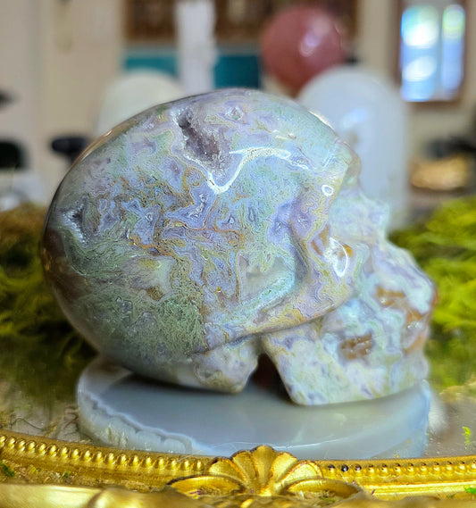 Blue Moss Agate Skull