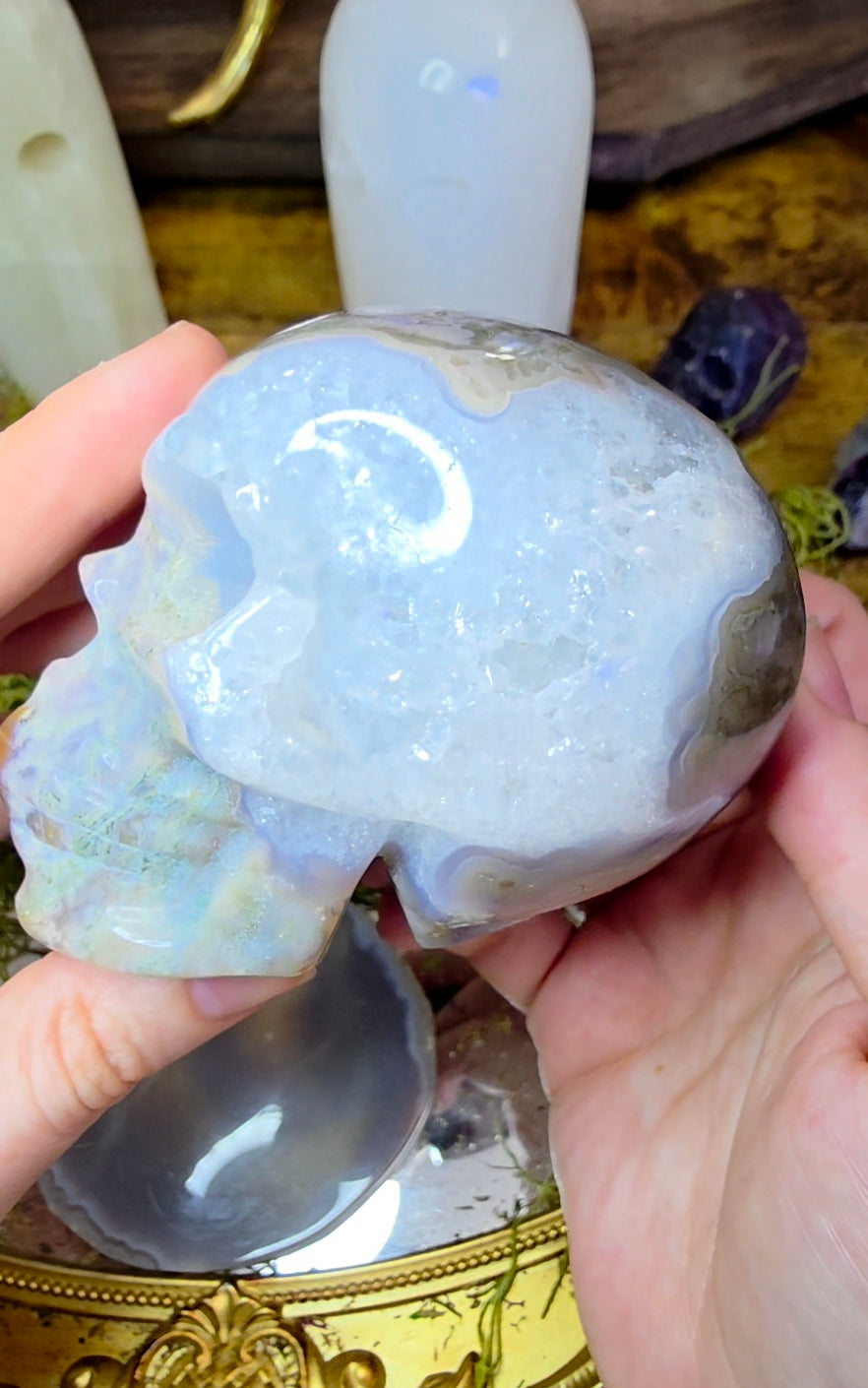 Blue Moss Agate Skull