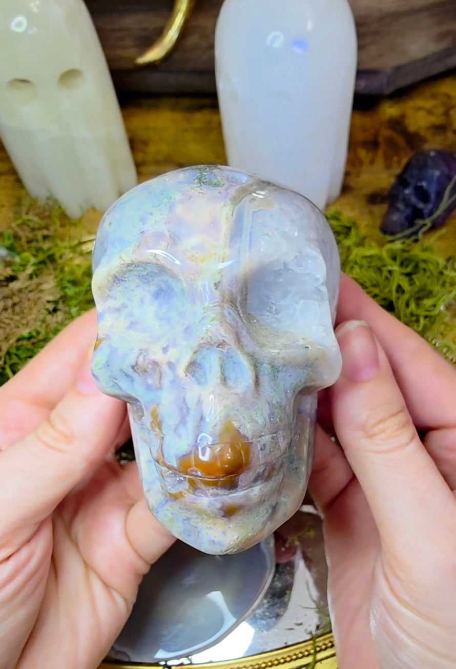 Blue Moss Agate Skull