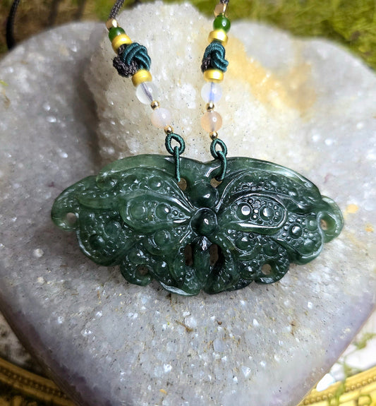 Dark Green Jadeite Moth Pendant Necklace
