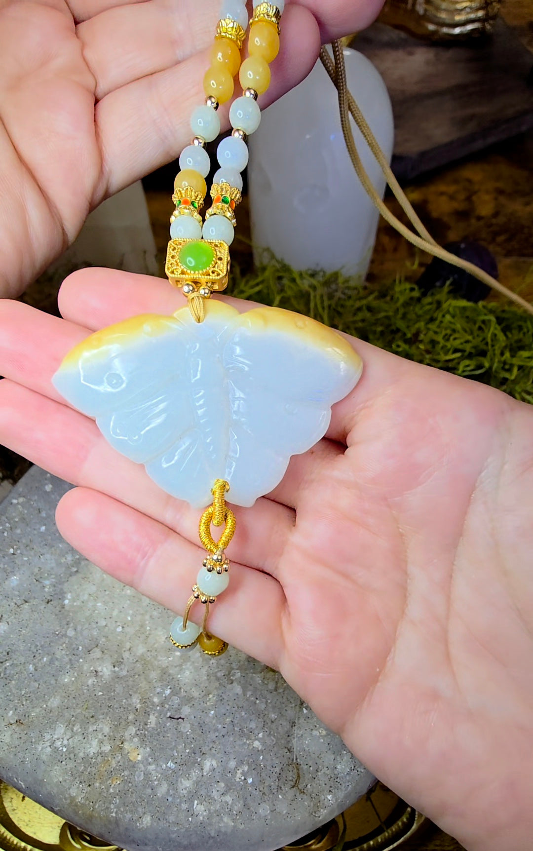 Two Tone Jadeite Moth Pendant Necklace