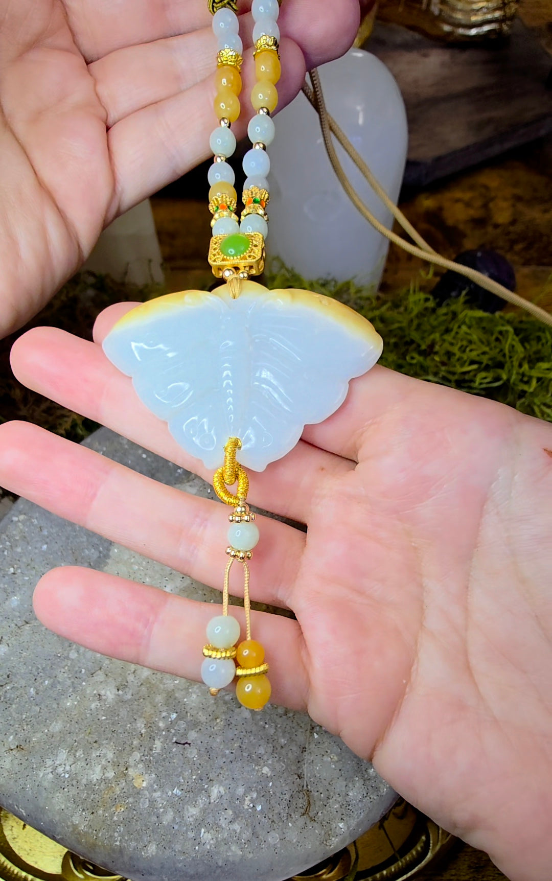 Two Tone Jadeite Moth Pendant Necklace