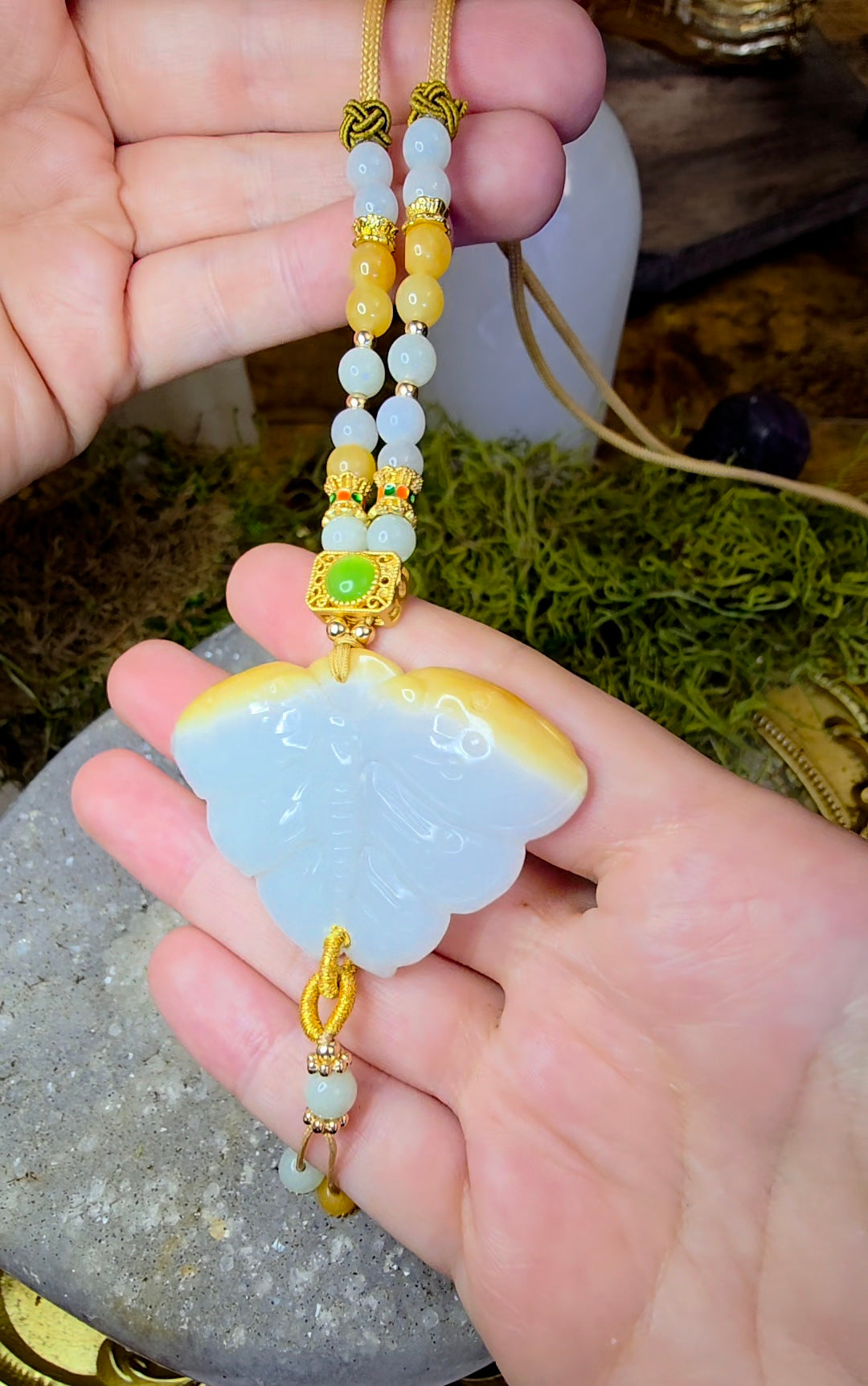 Two Tone Jadeite Moth Pendant Necklace