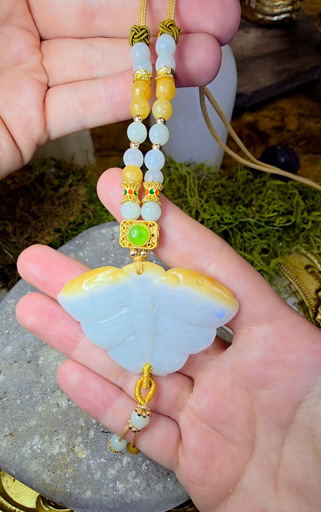 Two Tone Jadeite Moth Pendant Necklace