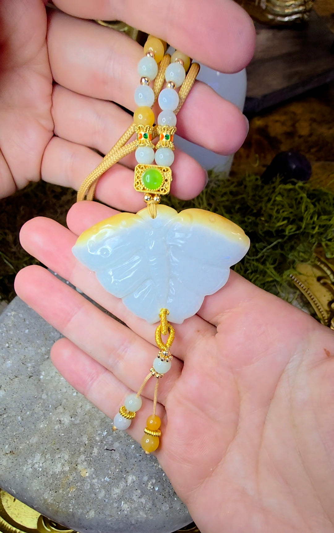 Two Tone Jadeite Moth Pendant Necklace