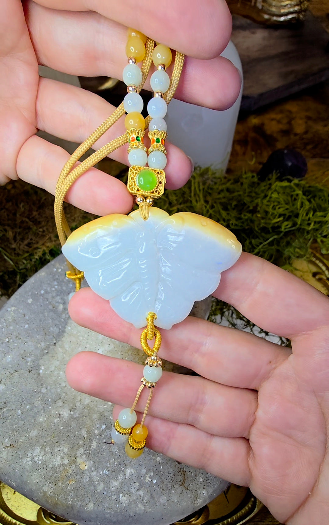 Two Tone Jadeite Moth Pendant Necklace