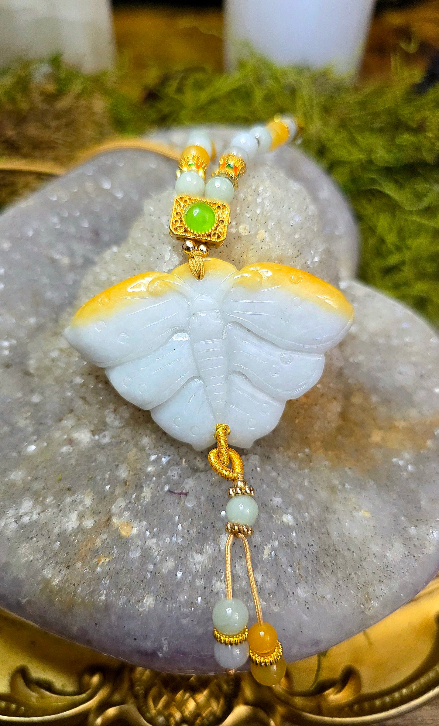 Two Tone Jadeite Moth Pendant Necklace