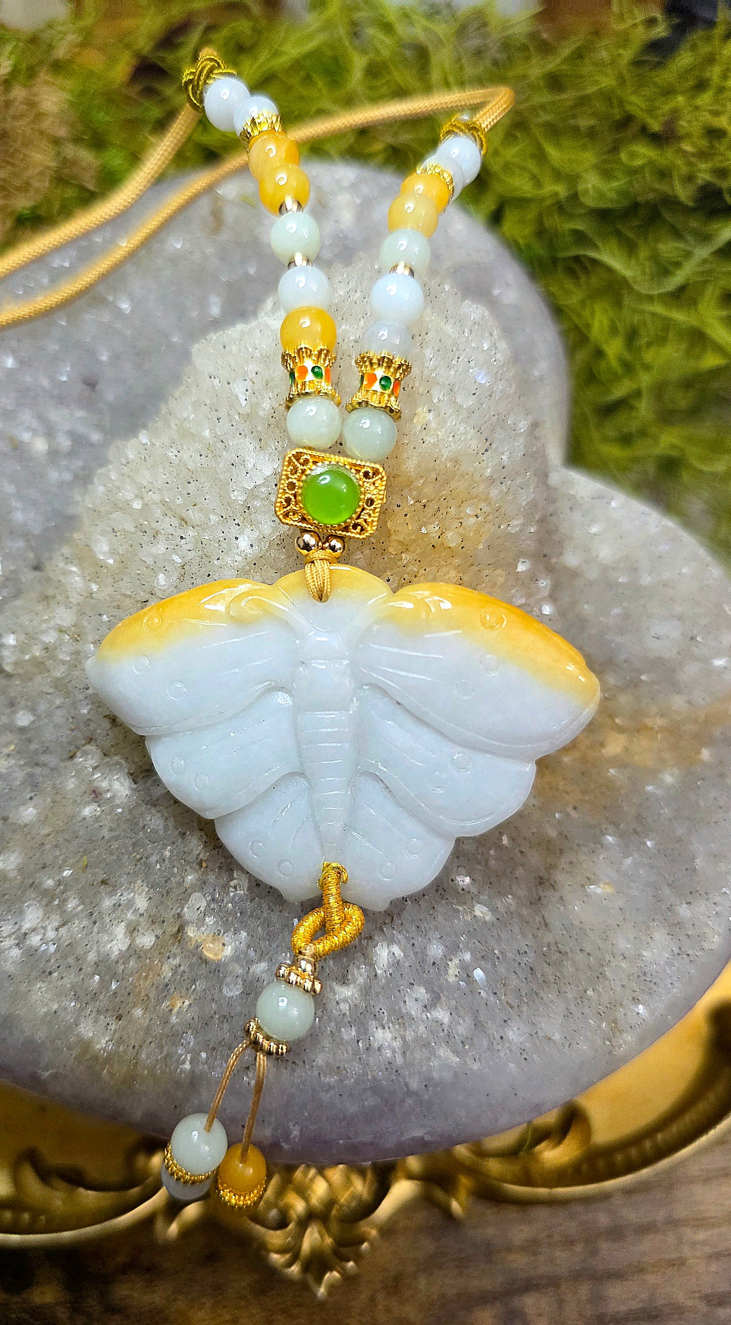 Two Tone Jadeite Moth Pendant Necklace