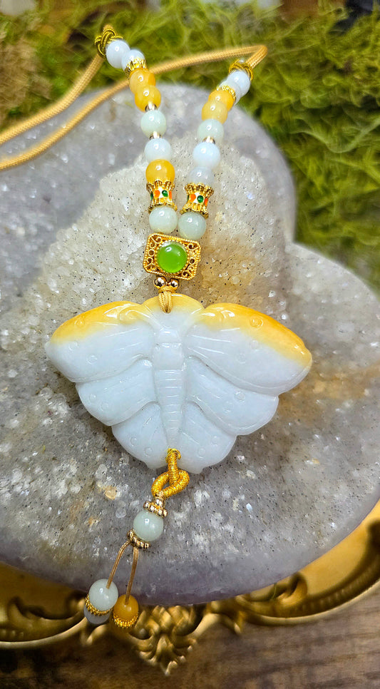 Two Tone Jadeite Moth Pendant Necklace