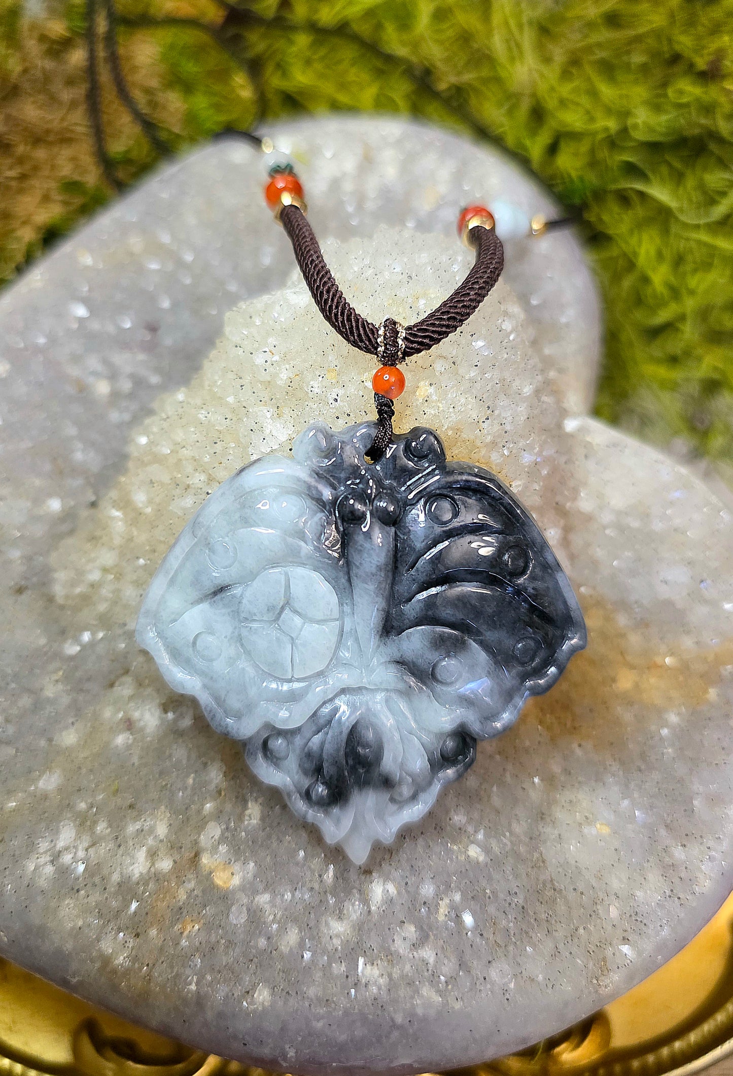 Black and White Jadeite Moth Pendant Necklace