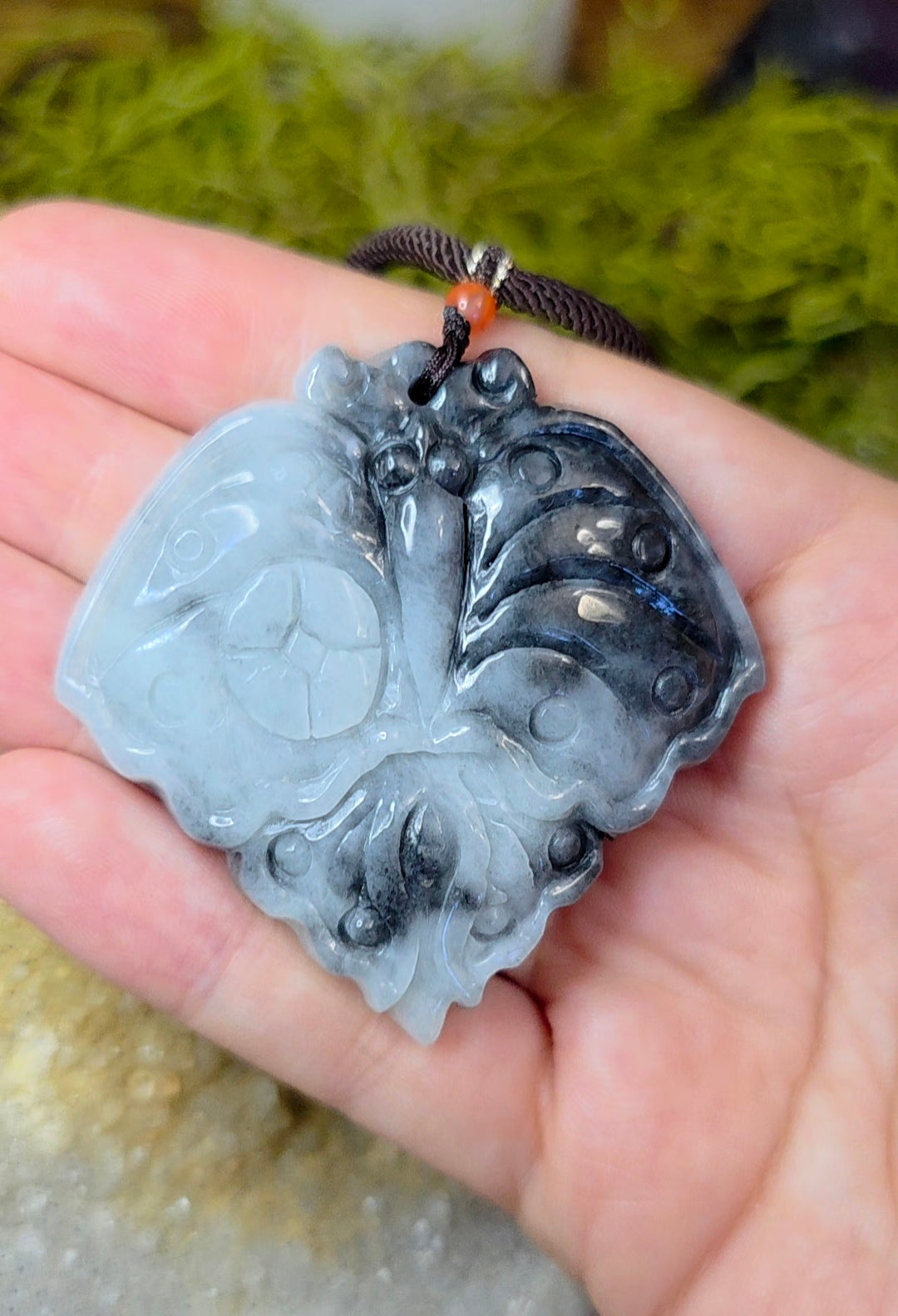 Black and White Jadeite Moth Pendant Necklace