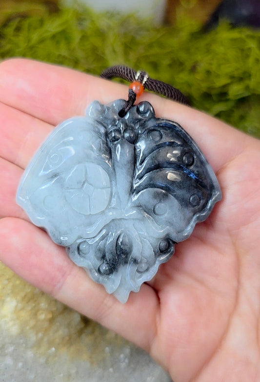 Black and White Jadeite Moth Pendant Necklace