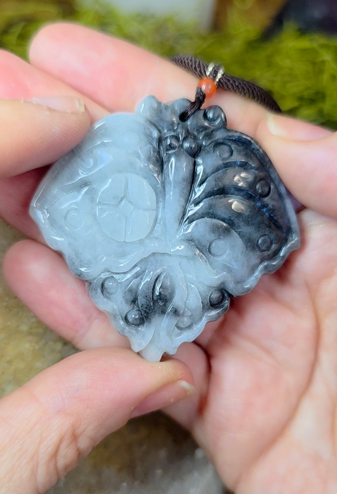 Black and White Jadeite Moth Pendant Necklace