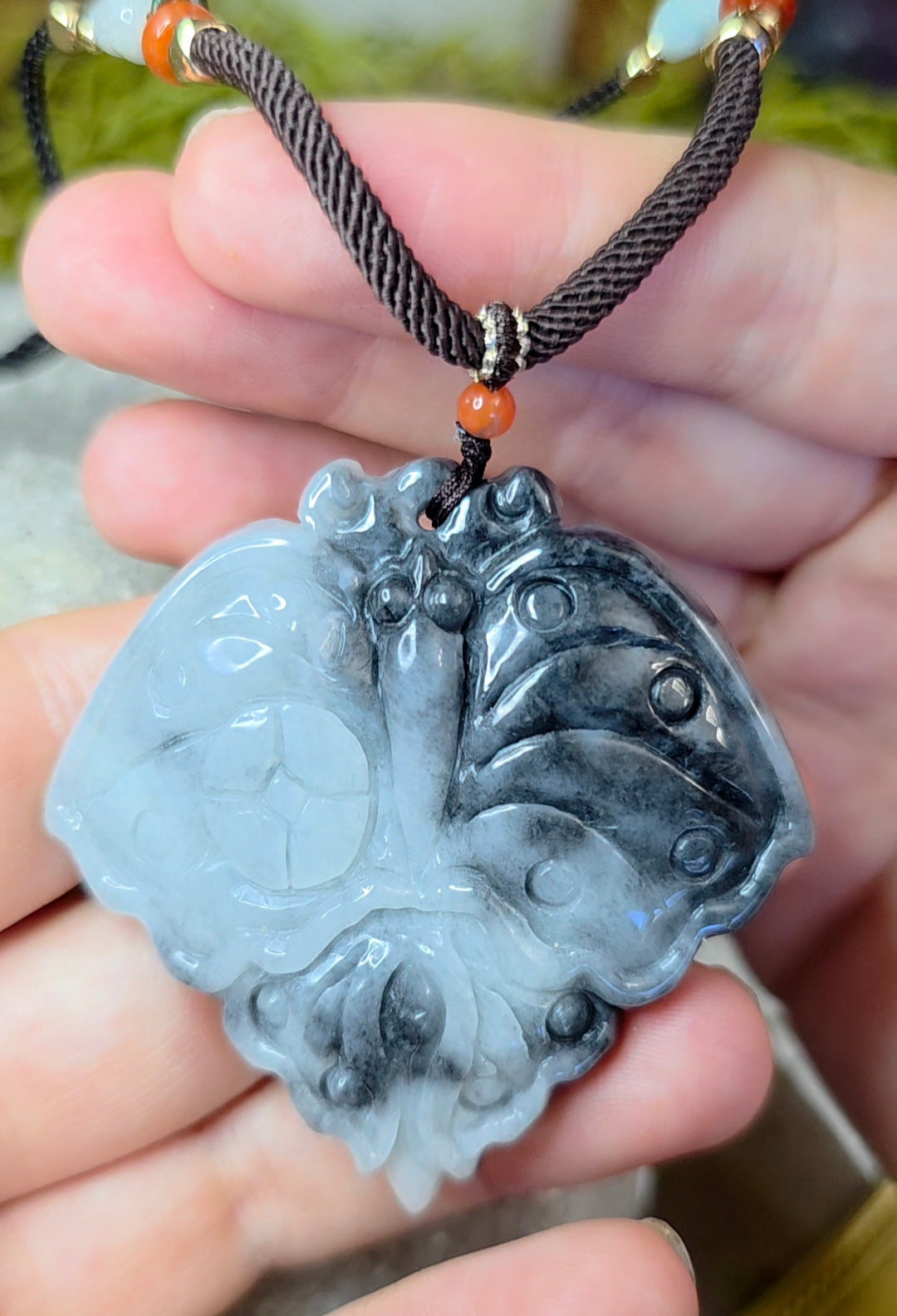Black and White Jadeite Moth Pendant Necklace