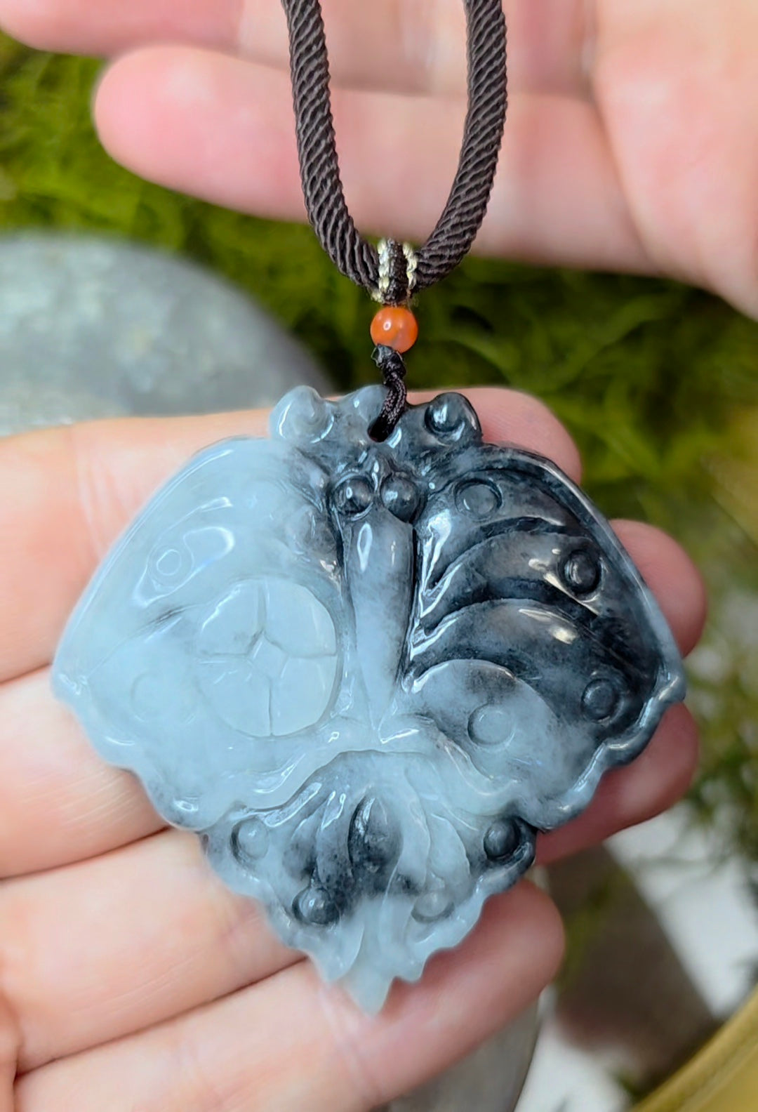 Black and White Jadeite Moth Pendant Necklace
