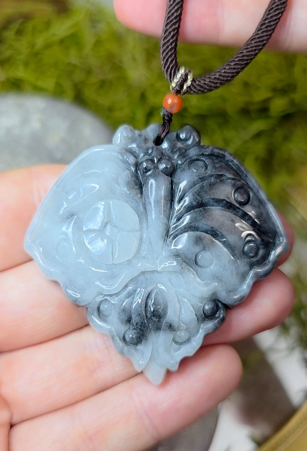 Black and White Jadeite Moth Pendant Necklace