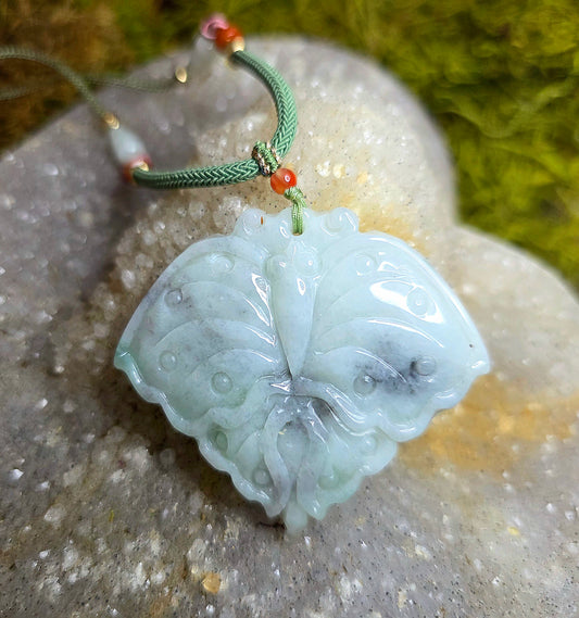 Black and Green Jadeite Moth Pendant Necklace A