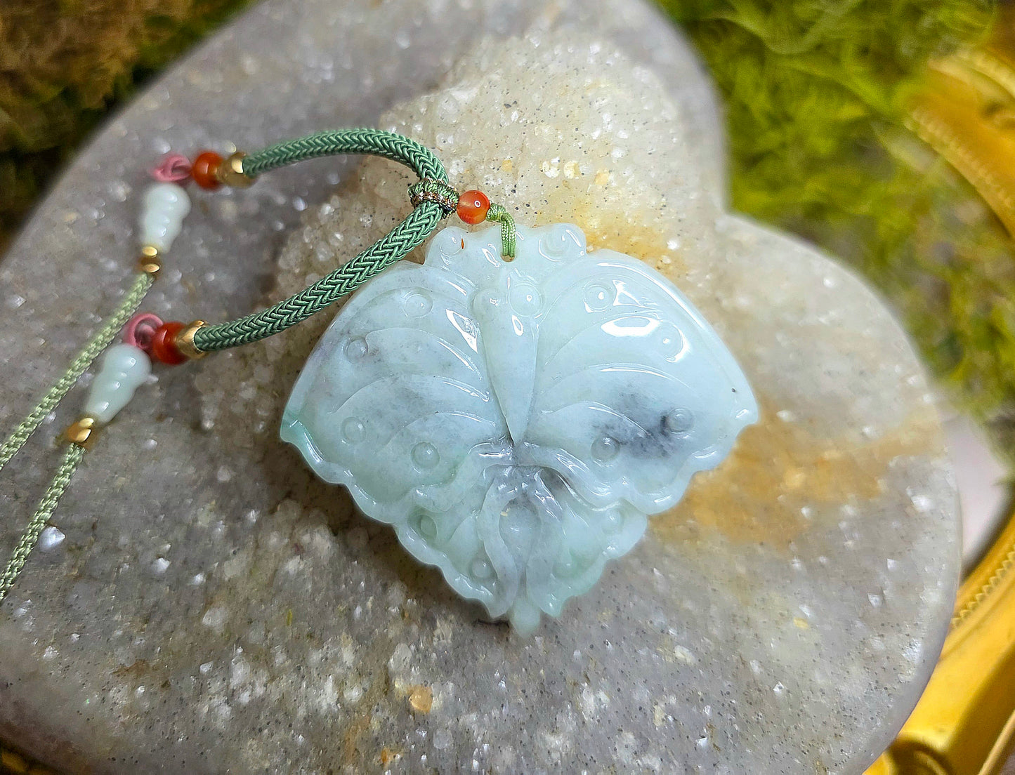 Black and Green Jadeite Moth Pendant Necklace A