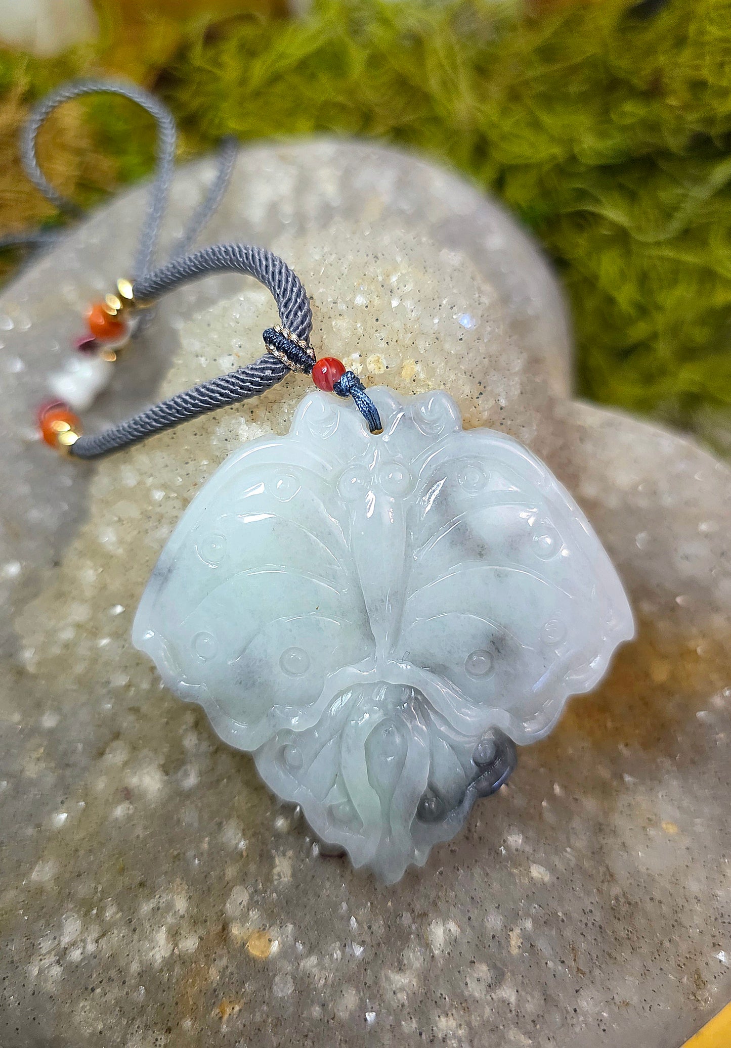 Black and Green Jadeite Moth Pendant Necklace B