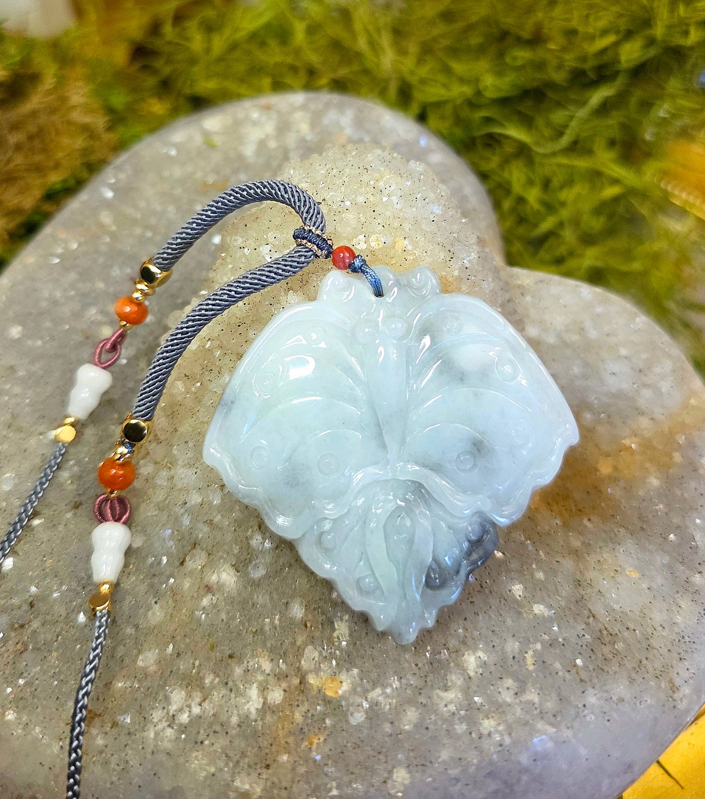 Black and Green Jadeite Moth Pendant Necklace B