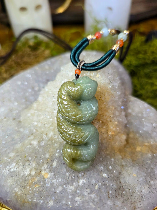 Two Tone Green Jadeite Snake Pendant Necklace