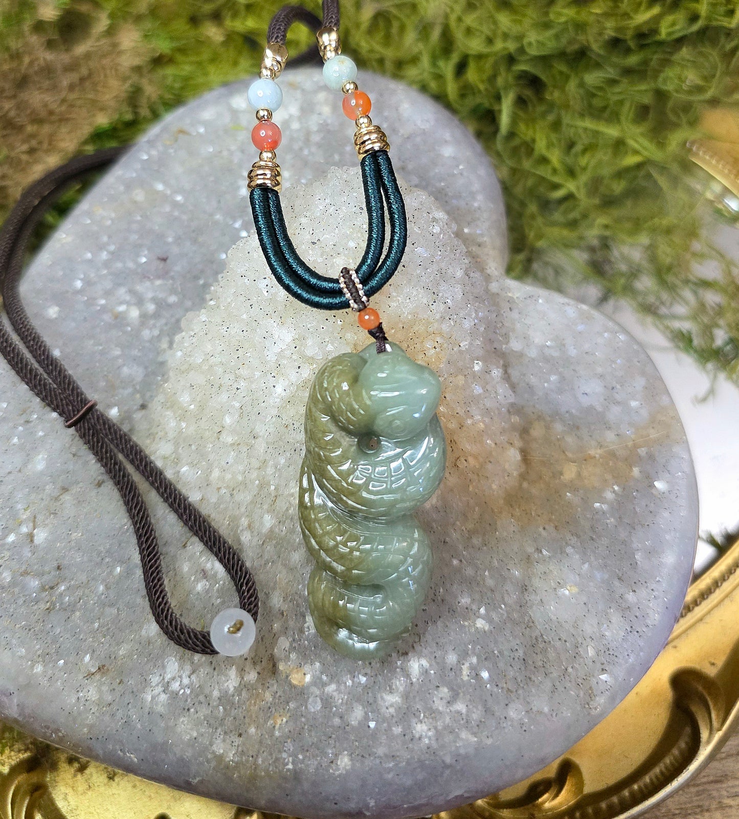 Two Tone Green Jadeite Snake Pendant Necklace