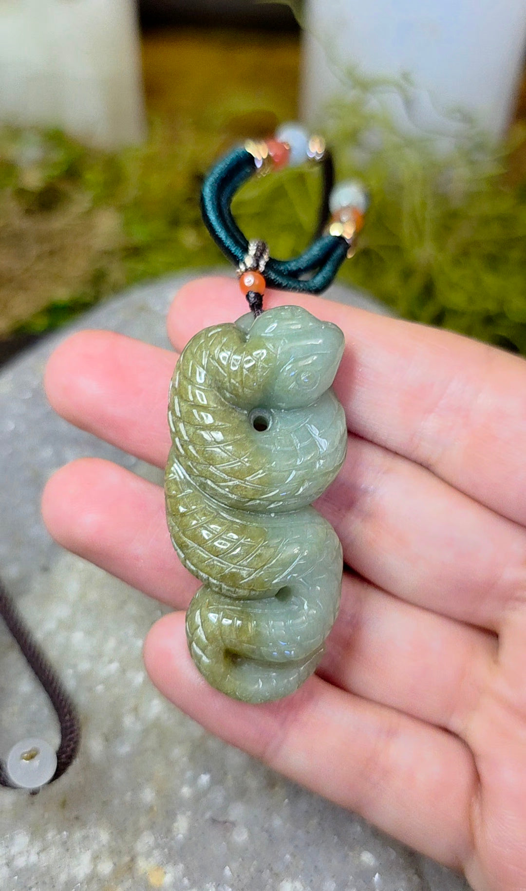 Two Tone Green Jadeite Snake Pendant Necklace