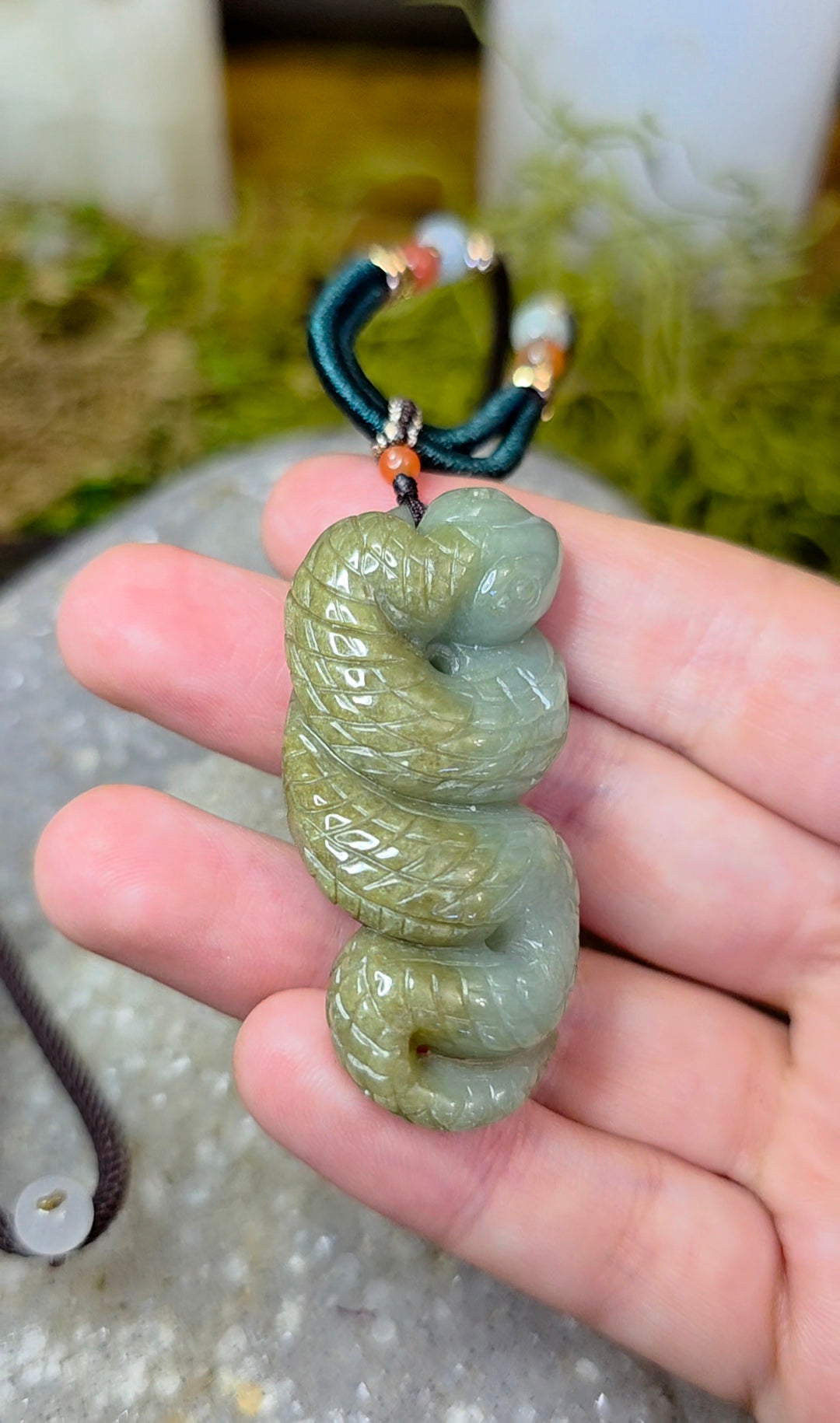 Two Tone Green Jadeite Snake Pendant Necklace