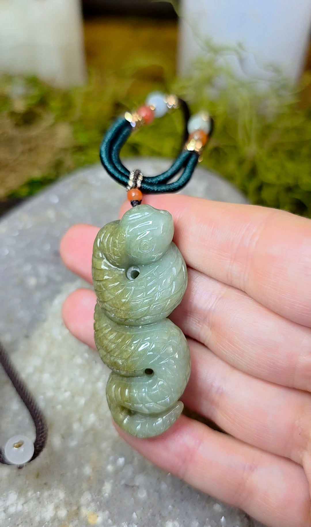 Two Tone Green Jadeite Snake Pendant Necklace