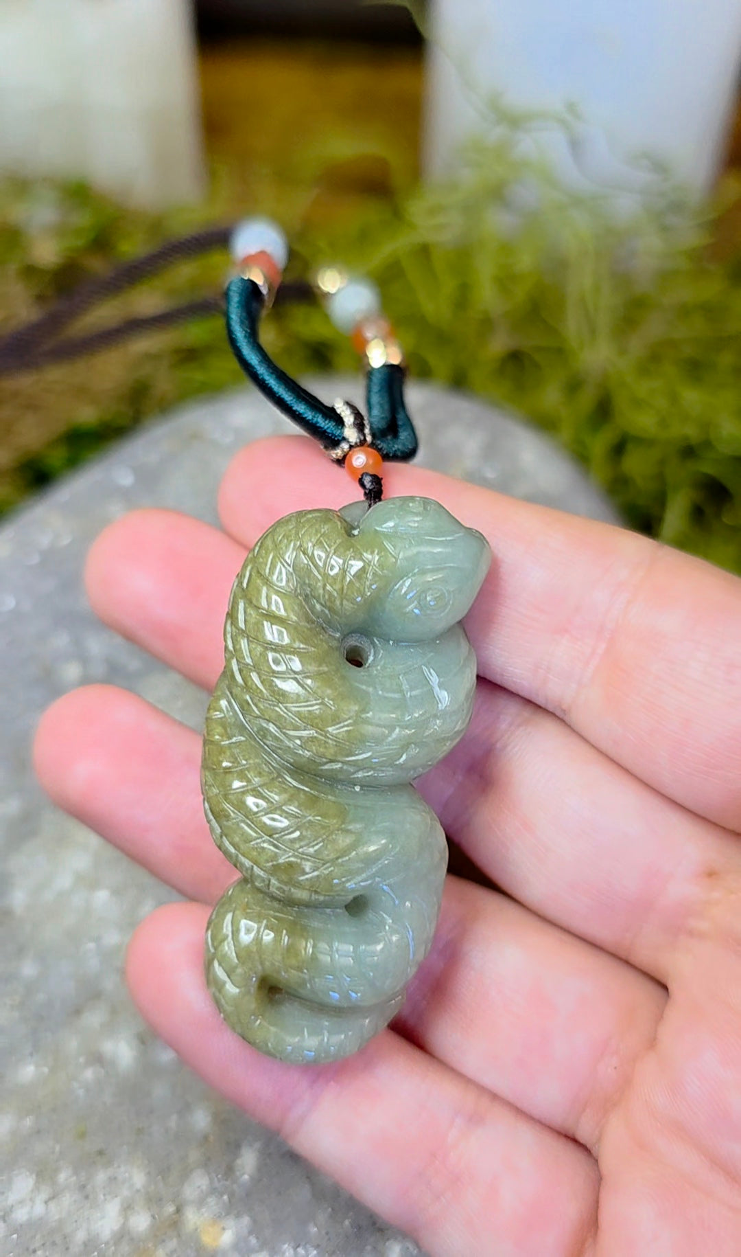 Two Tone Green Jadeite Snake Pendant Necklace