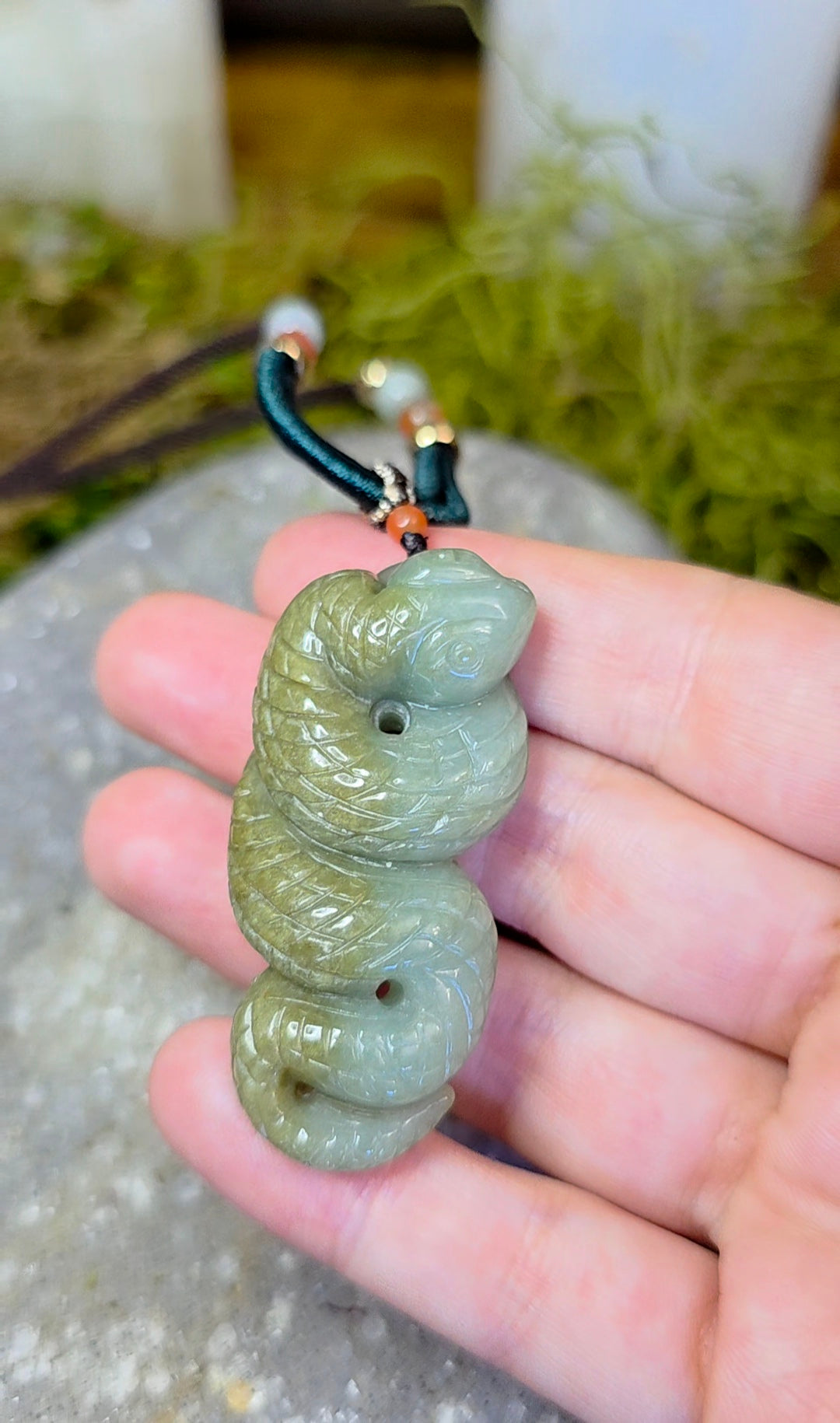 Two Tone Green Jadeite Snake Pendant Necklace