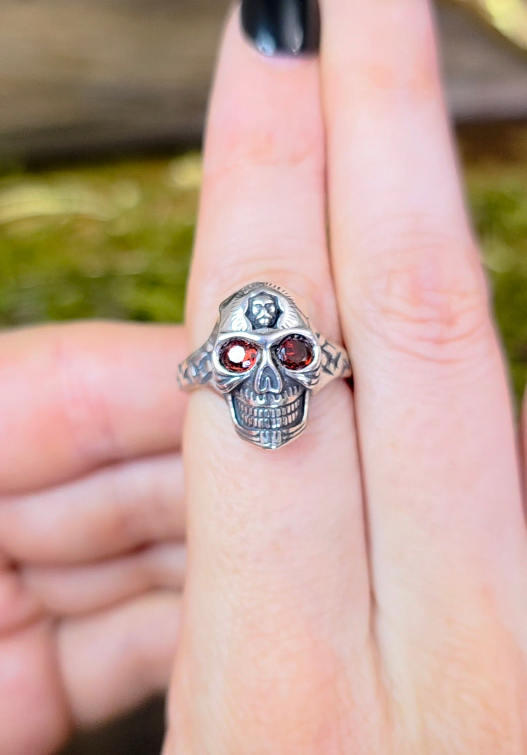 Red Garnet Skull Ring