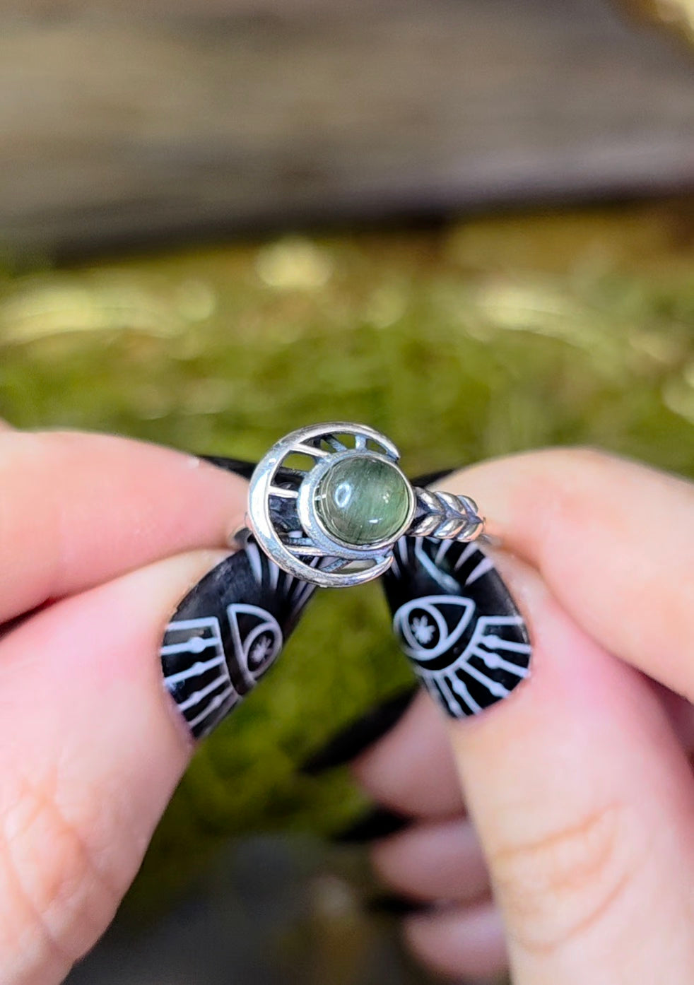 Green Rutile Moon Ring