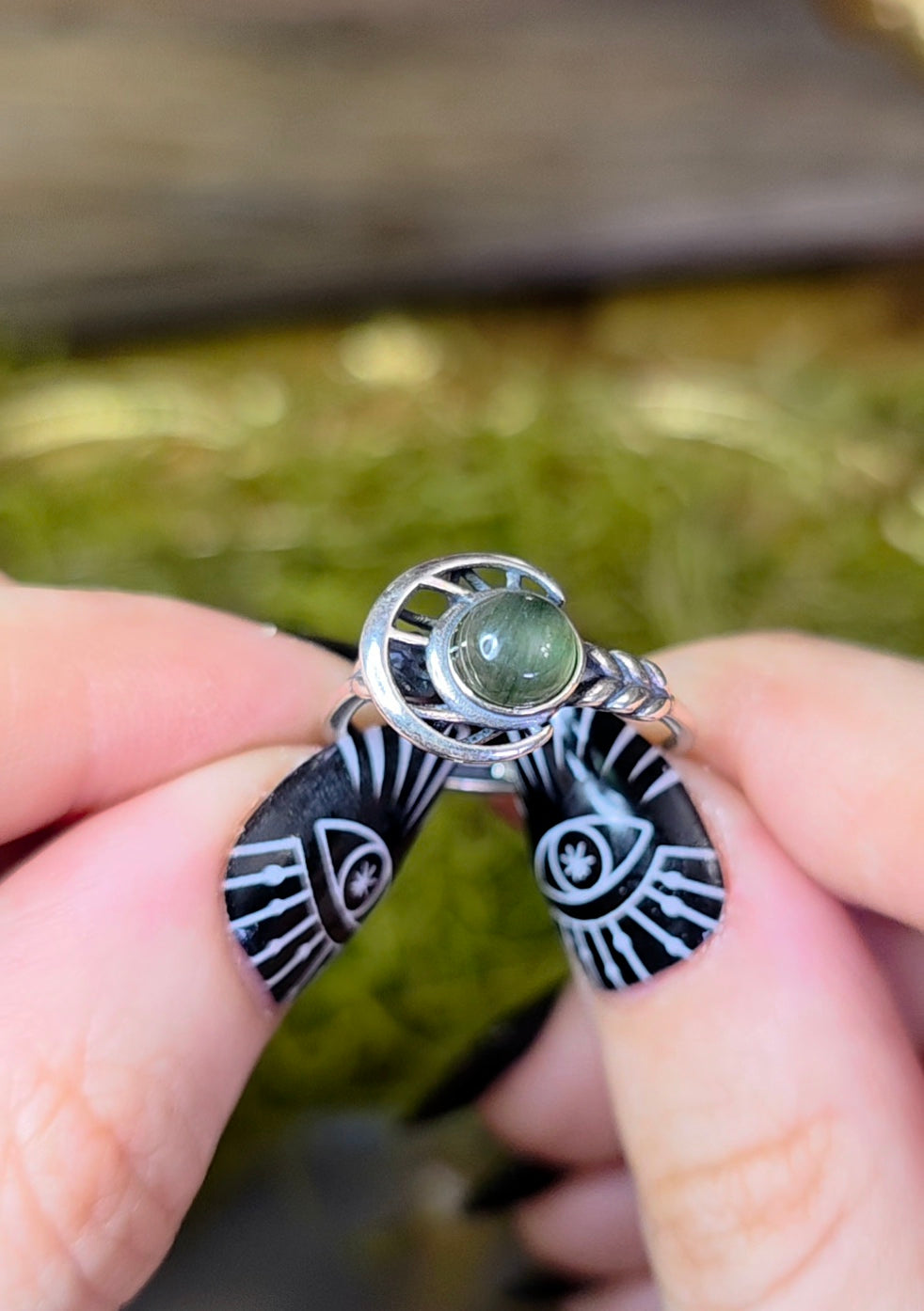 Green Rutile Moon Ring