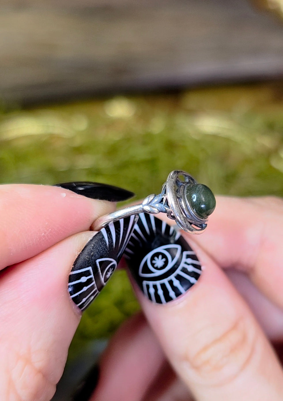 Green Rutile Moon Ring