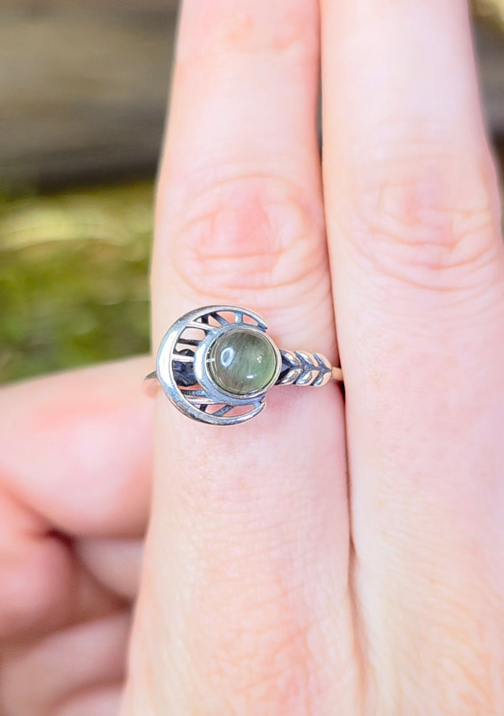 Green Rutile Moon Ring