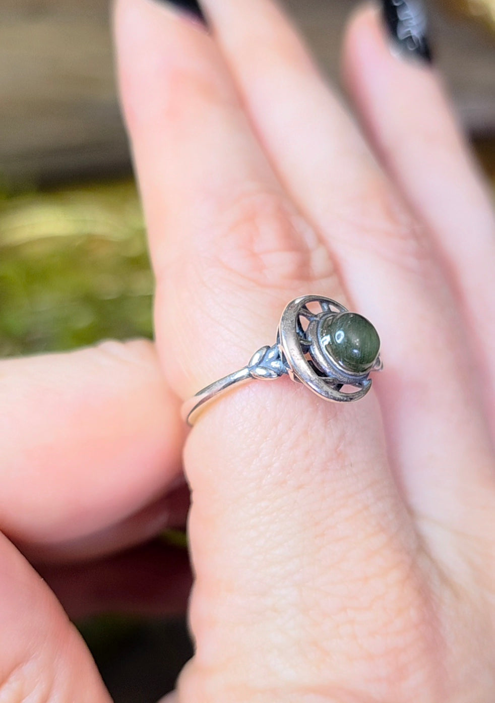 Green Rutile Moon Ring