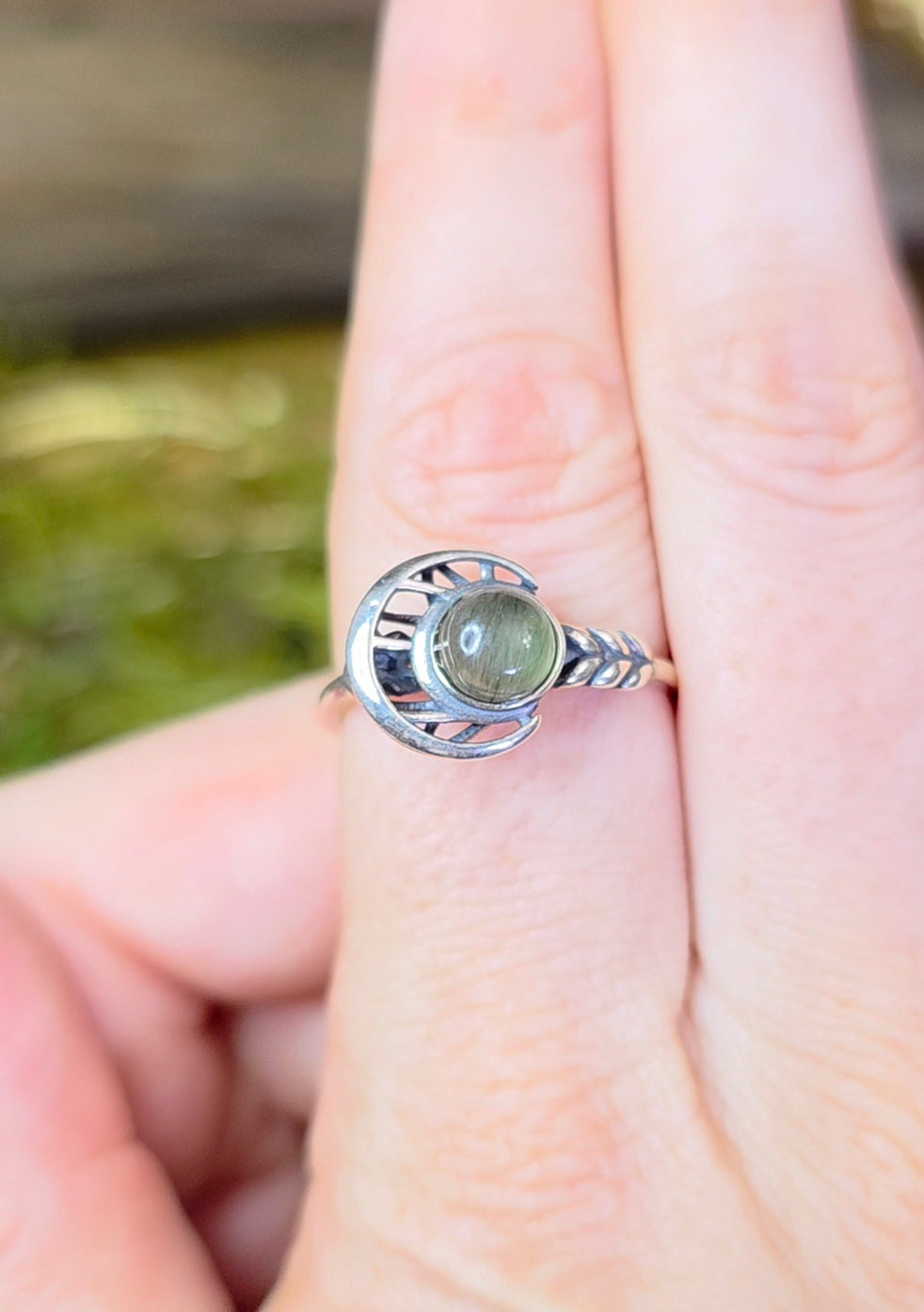 Green Rutile Moon Ring